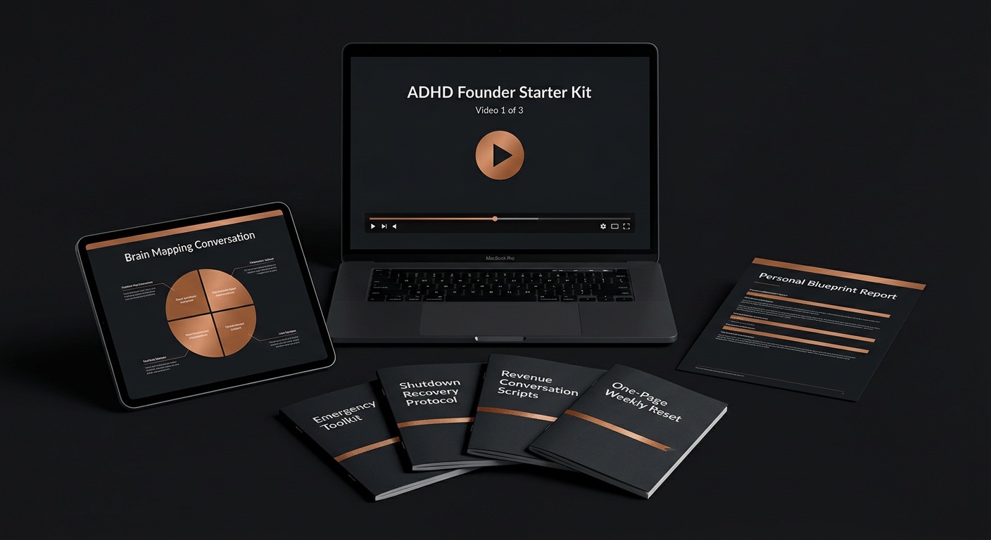 ADHD Founder Starter Kit, 3 Deep-Dive Videos, Brain Mapping Conversation, Personal Blueprint Report, Emergency Toolkit, and 3 bonus resources